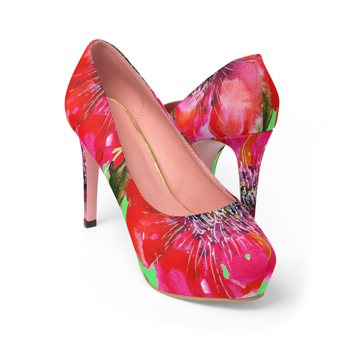 Red Sweet Peach Spring Floral Print Designer Women's 4" Platform Heels (Size 5-11)-4 inch Heels-US 7-Heidi Kimura Art LLC