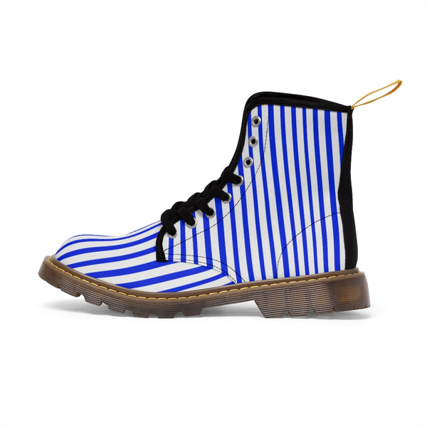 Blue Striped Print Men's Boots, Blue White Stripes Best Hiking Winter Boots Laced Up Shoes For Men-Shoes-Printify-Heidi Kimura Art LLC