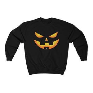 Orange Smiling Pumpkin Face Unisex Heavy Blend Designer Crewneck Sweatshirt-Long-sleeve-Black-L-Heidi Kimura Art LLC