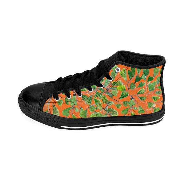 Orange Fern Men's High-top Sneakers, Green Cute Maidenhair Leaf Print Designer Men's High-top Sneakers Running Tennis Shoes, Fern Leaves Designer High Tops, Mens Floral Shoes, Tropical Leaf Print Sneakers (US Size: 6-14)