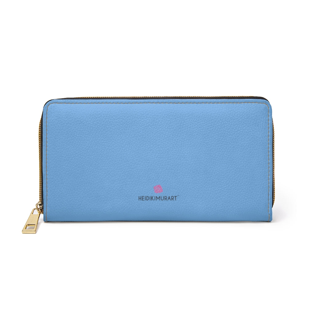 Pastel Blue Color Zipper Wallet, Solid Blue Color Best 7.87" x 4.33" Luxury Cruelty-Free Faux Leather Women's Wallet & Purses Compact High Quality Nylon Zip & Metal Hardware, Luxury Long Wallet With Cardholders For Modern Women