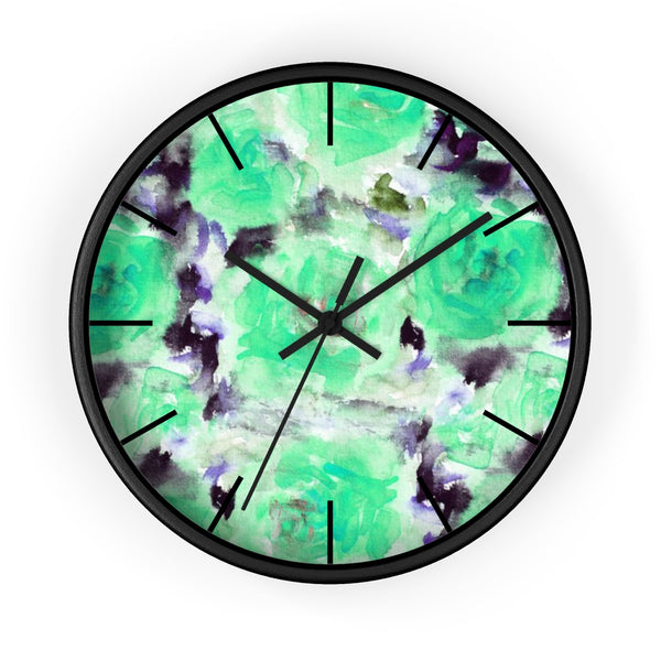 Turquoise Blue Floral Print Abstract Rose 10" Diameter Wall Clock - Made in USA-Wall Clock-Black-Black-Heidi Kimura Art LLC