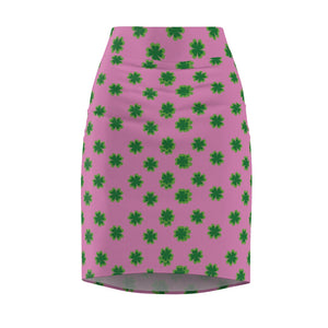 Lucky Pink And Green Clover Leaf Print St. Patrick's Day Women's Pencil Skirt- Made in USA-Pencil Skirt-2XL-4 oz.-Heidi Kimura Art LLC