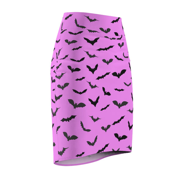 Cute Pink Black Cute Halloween Bats Women's Pencil Skirt- Made in USA (Size: XS-2XL)-Pencil Skirt-Heidi Kimura Art LLC