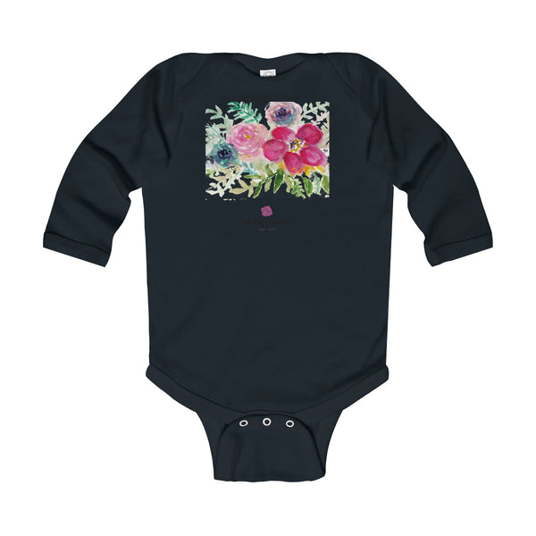 Red Hibiscus Floral Infant Baby's Long Sleeve Bodysuit - Made in UK (UK Size: 6M-24M)-Kids clothes-Black-12M-Heidi Kimura Art LLC