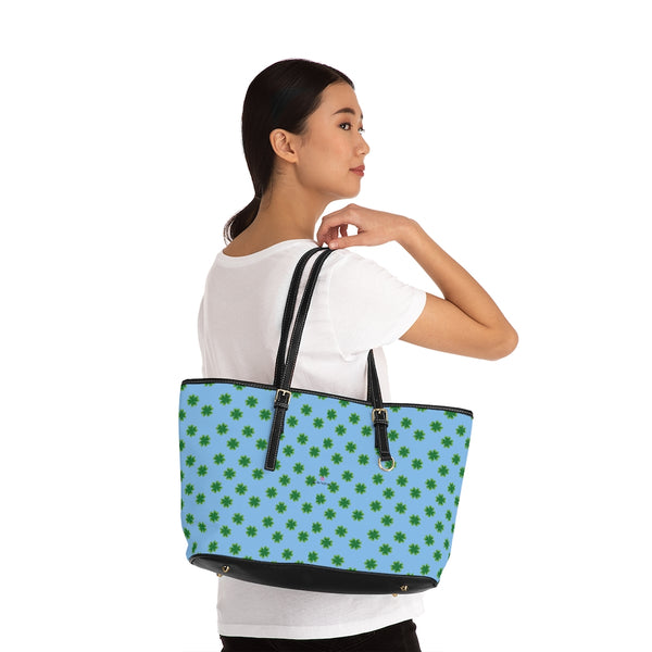 Blue Green Clover Tote Bag, Best PU Leather Shoulder Hand Work Bag