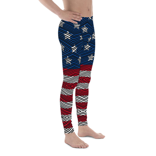 American Flag Striped Men's Leggings, US National July 4th Festive Holiday Party Designer Print Sexy Meggings Men's Workout Gym Tights Leggings, Men's Compression Tights Pants - Made in USA/ EU/ MX (US Size: XS-3XL) 