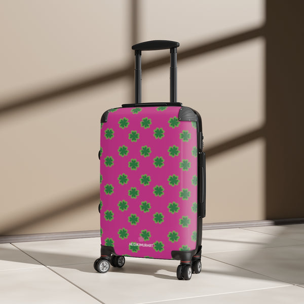 Hot Pink Clover Print Suitcases, Irish Style St. Patrick's Day Designer Suitcase Luggage (Small, Medium, Large)