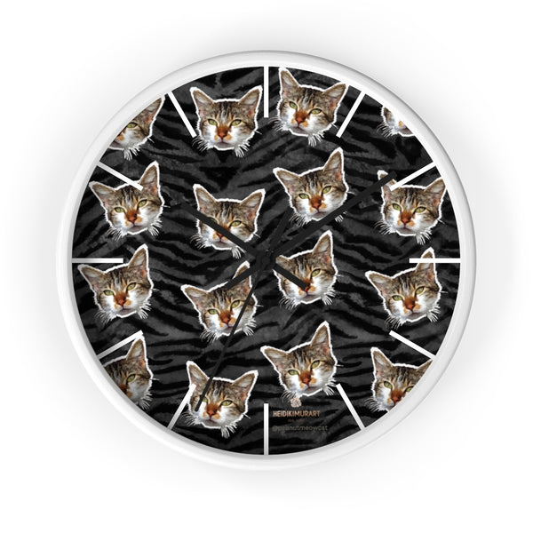 Black Tiger Stripe Cat Print Clock, Large 10" Dia. Indoor Calico Cat Wall Clocks- Made in USA-Wall Clock-10 in-White-Black-Heidi Kimura Art LLC