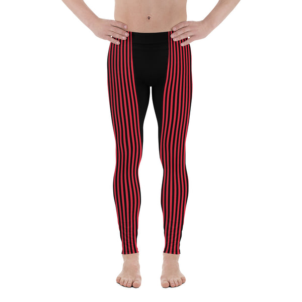 Red Black Striped Men's Leggings, Colorful Best Circus Style Red and Black Vertical Stripes Print Sexy Meggings Men's Workout Gym Tights Leggings, Men's Compression Tights Pants - Made in USA/ Mexico/ Europe (US Size: XS-3XL)