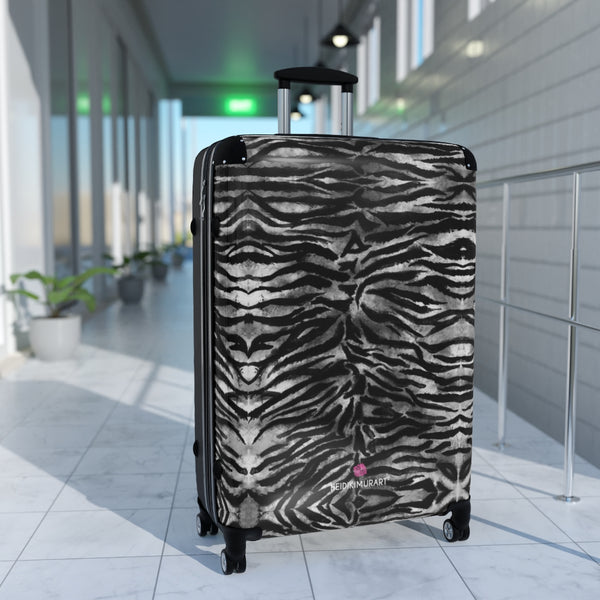 Grey Tiger Striped Print Suitcases, Tiger Striped Animal Print Designer Suitcase Luggage (Small, Medium, Large) Unique Cute Spacious Versatile and Lightweight Carry-On or Checked In Suitcase, Best Personal Superior Designer Adult's Travel Bag Custom Luggage - Gift For Him or Her - Made in USA/ UK
