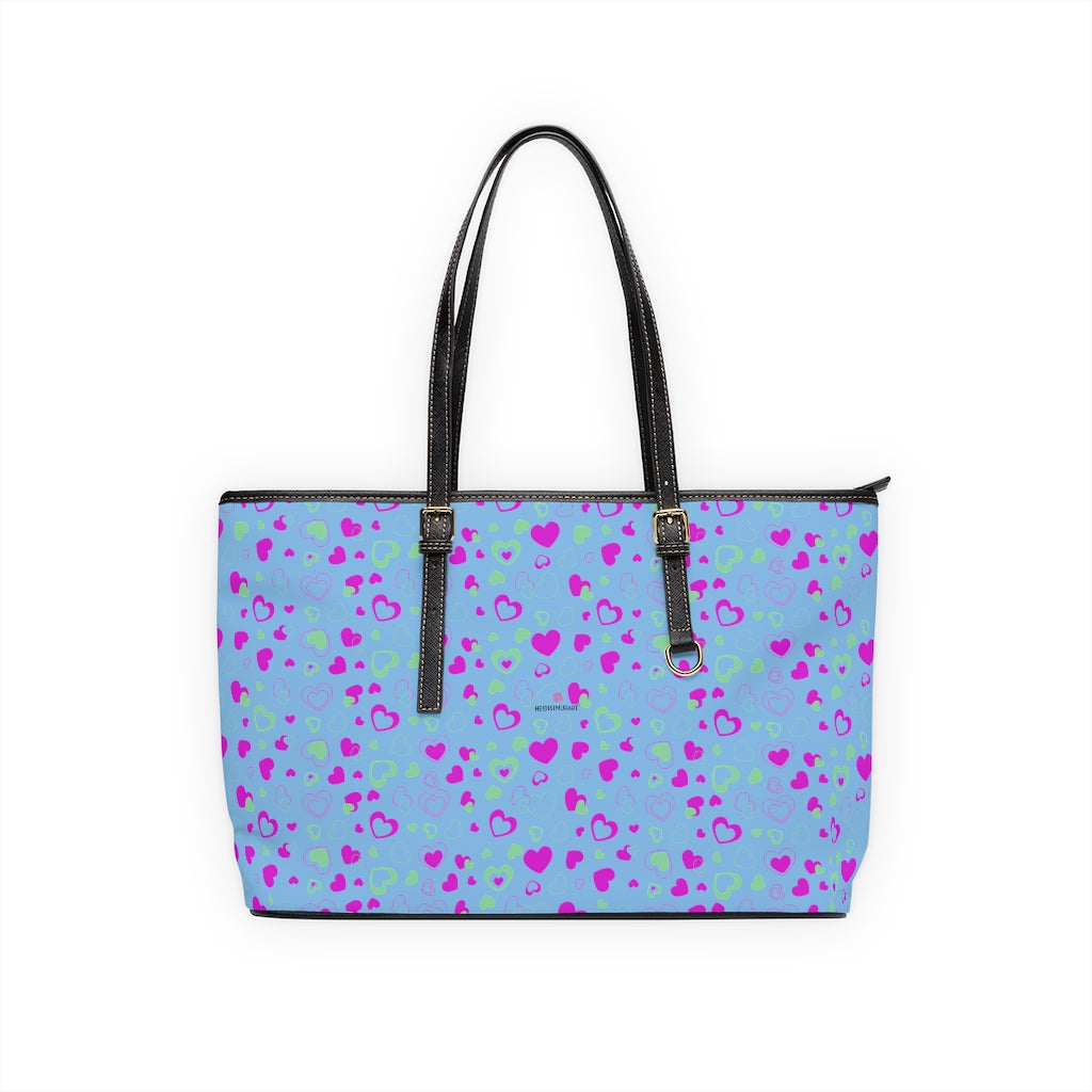 Blue Pink Hearts Tote Bag, PU Leather Shoulder Hand Work Bag