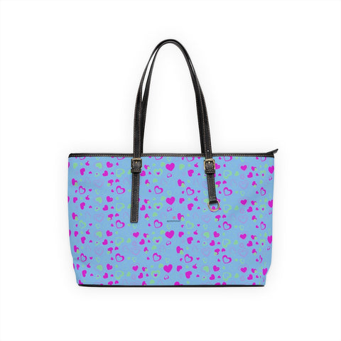 Blue Pink Hearts Tote Bag, PU Leather Shoulder Hand Work Bag