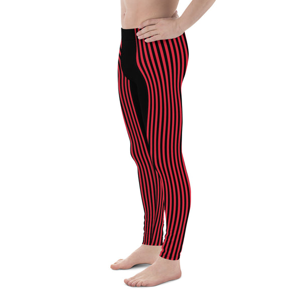 Red Black Striped Men's Leggings, Colorful Best Circus Style Red and Black Vertical Stripes Print Sexy Meggings Men's Workout Gym Tights Leggings, Men's Compression Tights Pants - Made in USA/ Mexico/ Europe (US Size: XS-3XL)