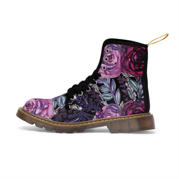 Black Purple Rose Women's Boots, Floral Print Spring Style Winter Combat Lace-up Boots For Ladies