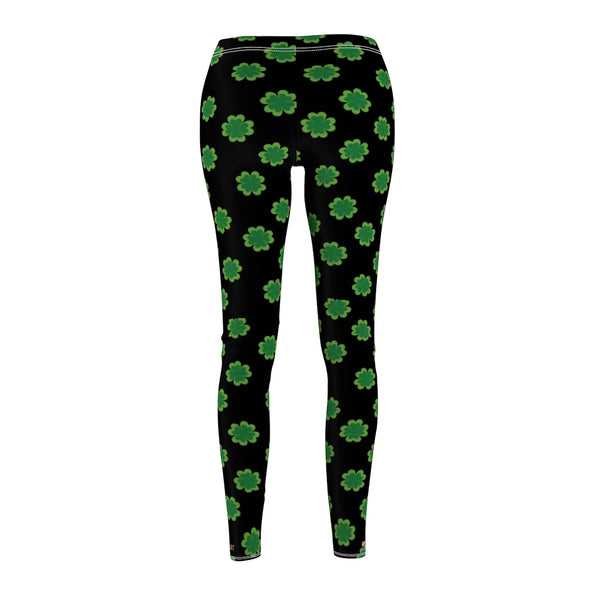 Black Green St. Patrick's Day Green Clover Print Women's Long Casual Leggings- Made in USA-Casual Leggings-Heidi Kimura Art LLC
