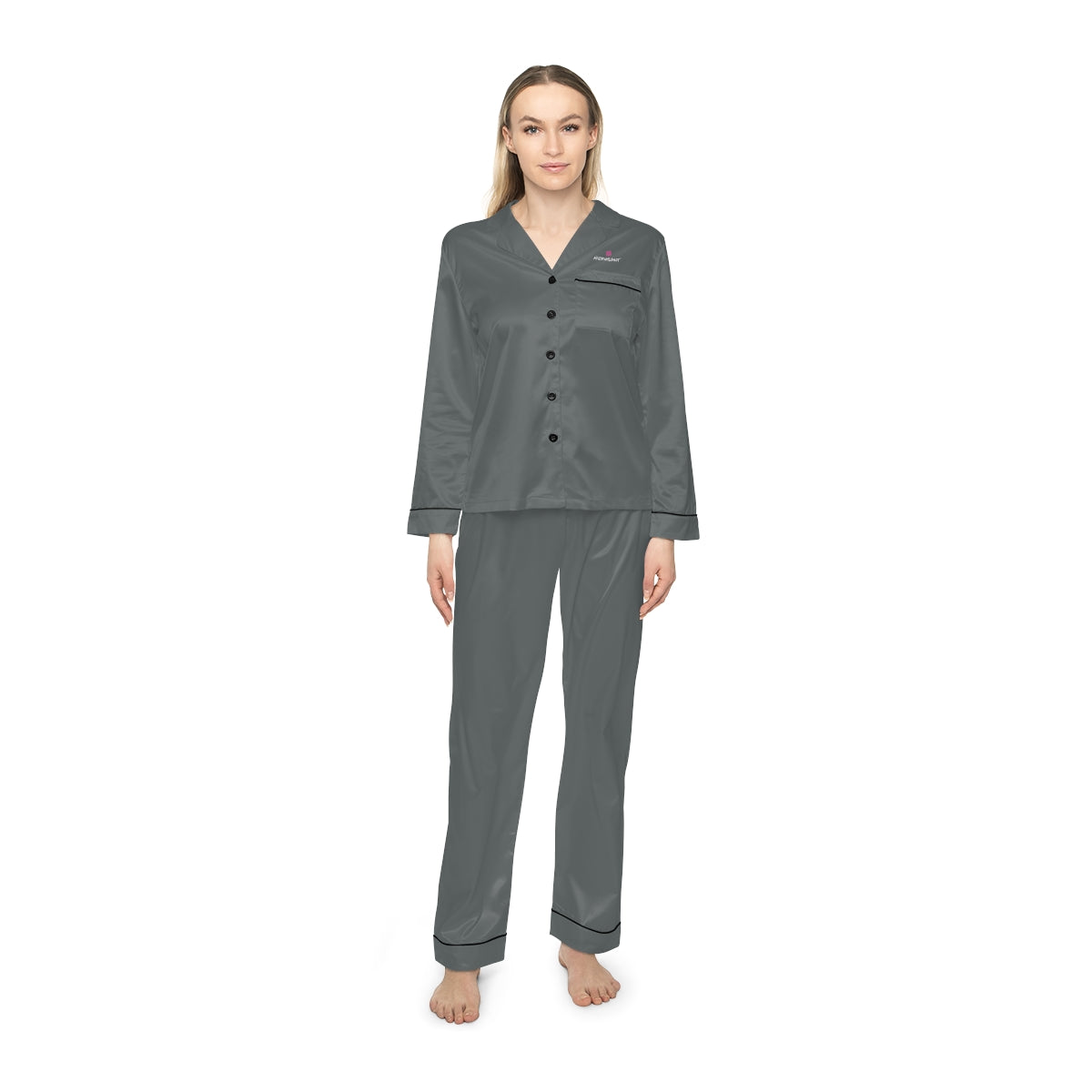 Ash Grey Women's Satin Pajamas, Luxury Premium Solid Color Lougewear For Women