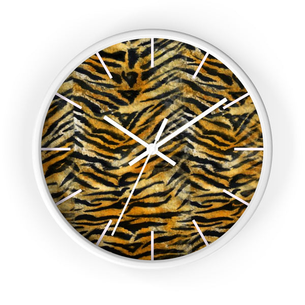 Orange Tiger Striped Wall Clock, Animal Faux Fur Print 10 in. Dia. Wall Clock-Made in USA-Wall Clock-White-White-Heidi Kimura Art LLC