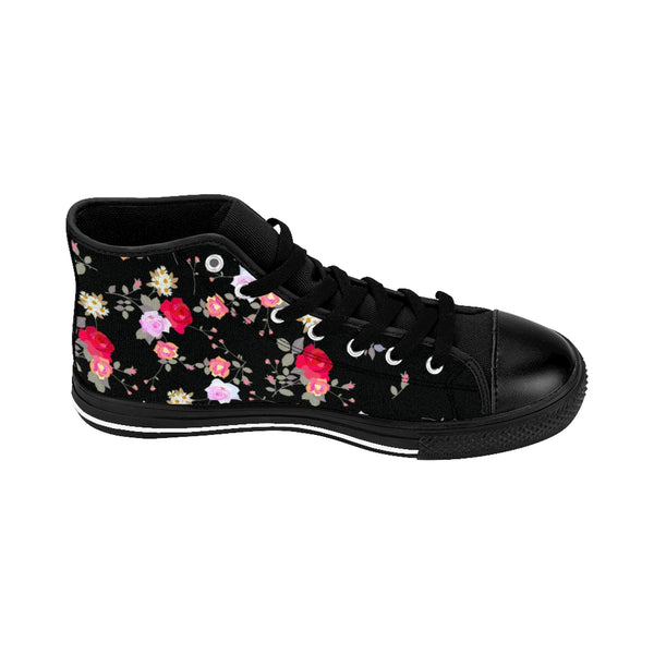 Black Floral Women's Sneakers, Rose Flower Print Designer High-top Fashion Tennis Shoes-Shoes-Printify-Heidi Kimura Art LLC