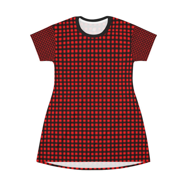 Black Red Classic Buffalo Plaid Print Designer Crew Neck T-shirt Dress-Made in USA-T-Shirt Dress-Heidi Kimura Art LLC