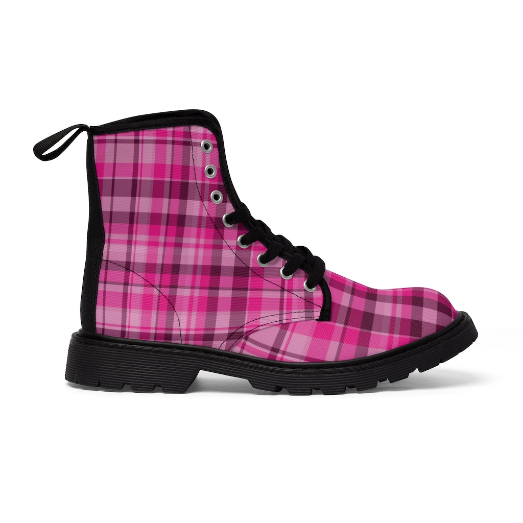 Pink Plaid Print Men's Boots, Scottish Tartan Plaid Printed Fashion Best Combat Work Hunting Boots For Men, Anti Heat + Moisture Designer Men's Winter Boots Hiking Shoes (US Size: 7-10.5)