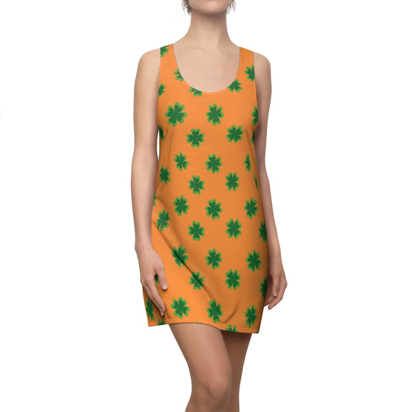 Orange Green Clover Leaf Print St. Patty's Day Long Women's Racerback Dress-Made in USA-Women's Sleeveless Dress-Heidi Kimura Art LLC