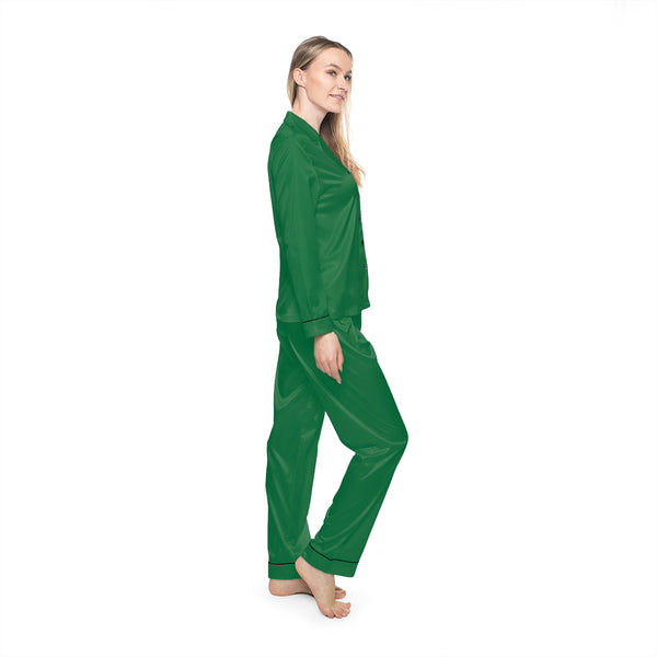 Dark Green Women's Satin Pajamas,  Luxury Premium Solid Color Loungewear For Women