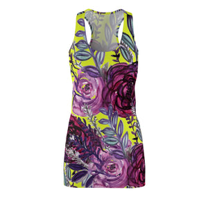 Yellow & Purple Floral Print Women's Racerback Dress - Made in USA (US Size: XS-2XL)-Women's Sleeveless Dress-L-Heidi Kimura Art LLC