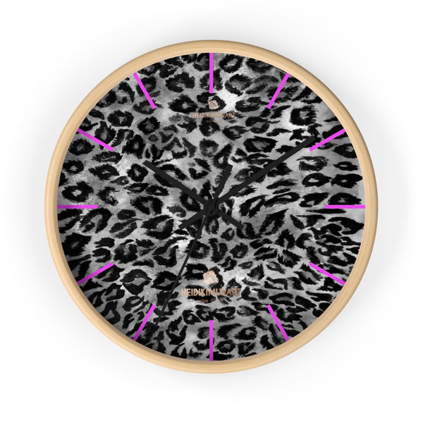 Gray Leopard Print Wall Clock, Animal Print 10 in. Dia. Indoor Wall Clock- Made in USA-Wall Clock-10 in-Wooden-Black-Heidi Kimura Art LLC