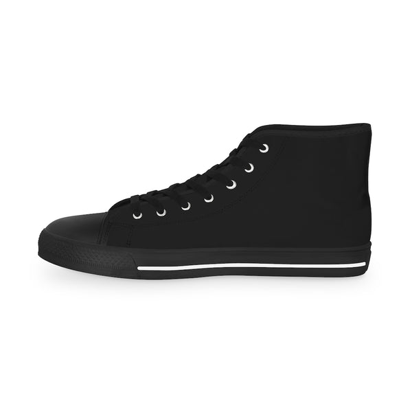 Black Solid Color Men's Sneakers, Best High Tops, Modern Minimalist Best Men's High Top Sneakers Laced Up Black or White Style Breathable Fashion Canvas Sneakers Tennis Athletic Style Shoes For Men (US Size: 5-14) Black Solid Color Men's Sneakers | Modern Minimalist Men's High Top Sneakers | Canvas Print Sneakers For Men | Black Shoes (US Size: 5-14)