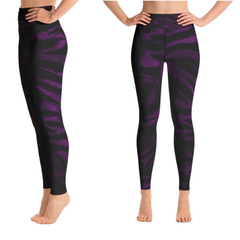 Purple Tiger Women's Leggings, Purple Animal Tiger Striped Workout Fitted Women's Leggings Sports Long Yoga Pants With Pockets - Made in USA/EU (US Size: XS-XL)