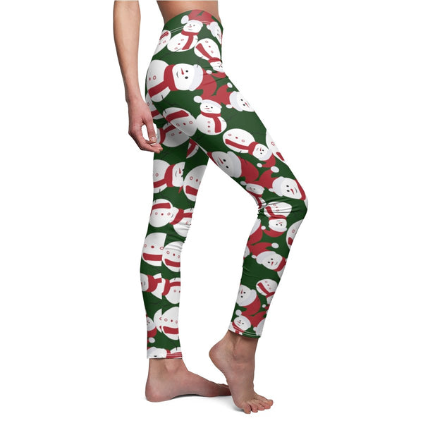 Dark Green Red Fluffy Happy Cute Snowman Women's Christmas Casual Leggings-Casual Leggings-White Seams-M-Heidi Kimura Art LLC