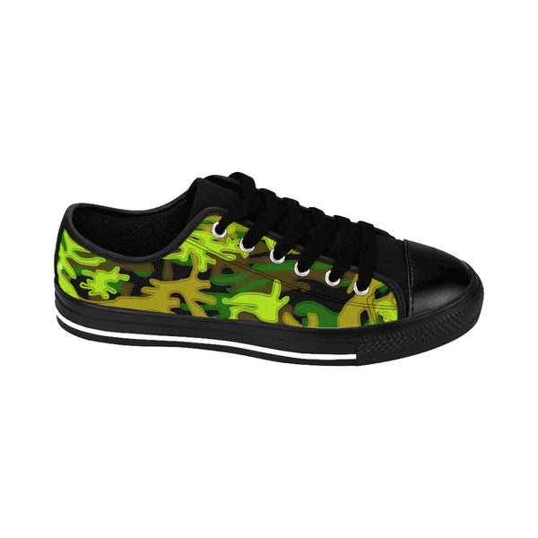 Stylish Black Green Camouflage Military Print Premium Men's Low Top Canvas Sneakers-Men's Low Top Sneakers-Black-US 9-Heidi Kimura Art LLC