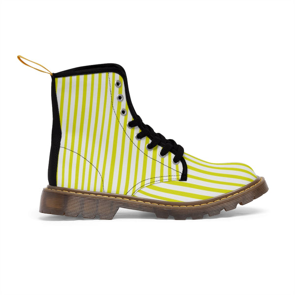 Yellow Striped Women's Canvas Boots, Vertically White Striped Print Winter Boots For Ladies-Shoes-Printify-Heidi Kimura Art LLC