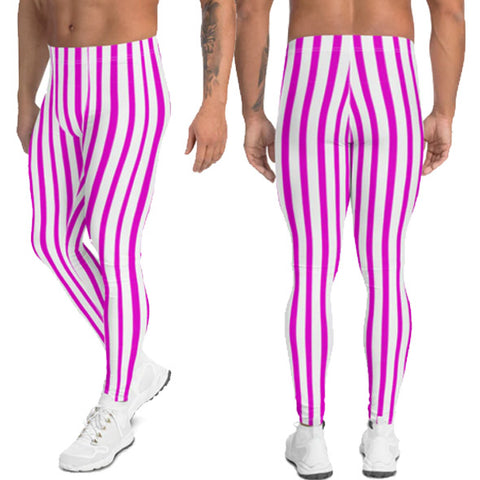 Pink Striped Men's Leggings, Pink and White Vertical Stripes Modern Stripes Designer Print Sexy Meggings Men's Workout Gym Tights Leggings, Men's Compression Tights Pants - Made in USA/ EU/ MX (US Size: XS-3XL) 