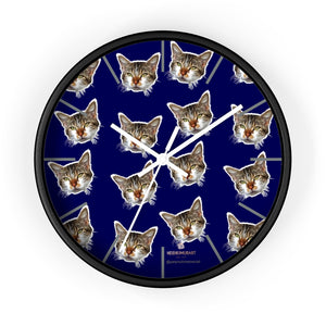 Blue Cat Print Wall Clock, Cute Calico Cat Large 10" Dia. Indoor Wall Clocks- Made in USA-Wall Clock-10 in-Black-White-Heidi Kimura Art LLC