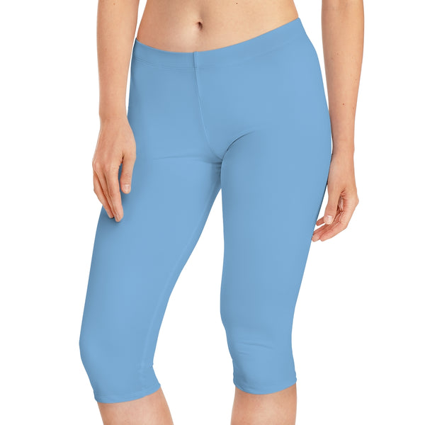 Pale Blue Women's Capri Leggings, Knee-Length Polyester Capris Tights-Made in USA (US Size: XS-2XL)