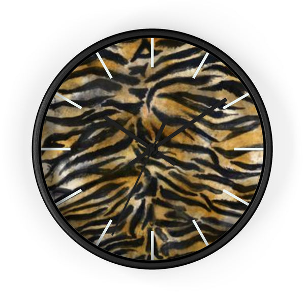 Brown Tiger Stripe Wall Clock, Modern Chic Animal Print 10" Dia. Wall Clock- Made in USA-Wall Clock-Black-Black-Heidi Kimura Art LLC