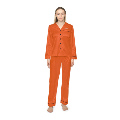 Bright Orange Women's Satin Pajamas, Luxury Premium Solid Color Loungewear For Women