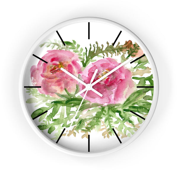 Pink Rose Vintage Style Floral Print Rose Flower 10 inch Diameter Wall Clock-Made in USA-Wall Clock-White-White-Heidi Kimura Art LLC
