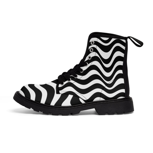 Wavy Striped Women's Canvas Boots, Modern White Black Stripes Print Winter Boots For Ladies-Shoes-Printify-Heidi Kimura Art LLC Wavy Striped Women's Canvas Boots, Modern White Black Wavy Stripes Modern Essential Casual Fashion Hiking Boots, Canvas Hiker's Shoes For Mountain Lovers, Stylish Premium Combat Boots, Designer Women's Winter Lace-up Toe Cap Hiking Boots Shoes For Women (US Size 6.5-11)