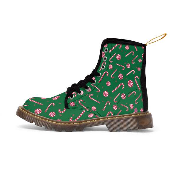 Green Christmas Women's Canvas Boots, Red Candy Cane Print Winter Boots For Women (US Size 6.5-11)