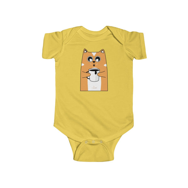 Orange Cat Loves Coffee Infant Fine Jersey Regular Fit Unisex Bodysuit - Made in UK-Infant Short Sleeve Bodysuit-Butter-NB-Heidi Kimura Art LLC