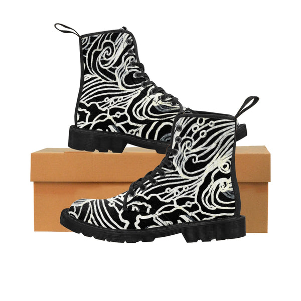 Black Japanese Curvy Waves Pattern Designer Women's Winter Lace-up Toe Cap Boots-Women's Boots-Black-US 9-Heidi Kimura Art LLC