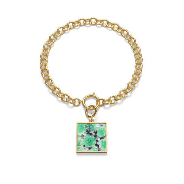 Light Blue Rose Pattern Chunky Chain Sterling Silver/ Gold Plated Bracelet-Made in USA-Bracelet-Gold-indigotile-Heidi Kimura Art LLC