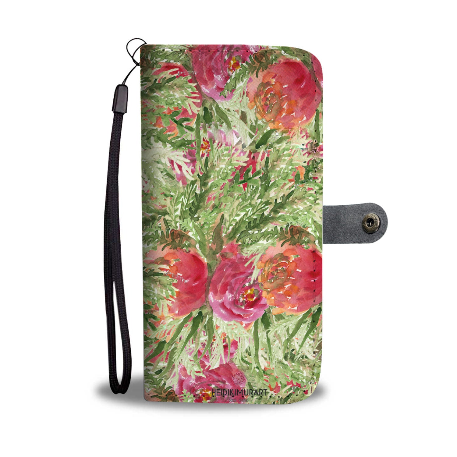 Rose Floral Wallet Phone Case, Girlie Pink Flower Print Women's Wallet iPhone Samsung Case
