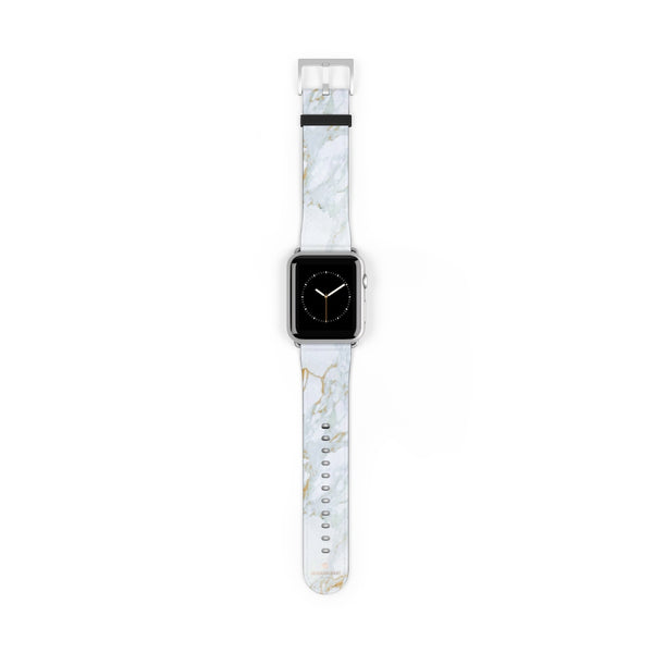 White Marble Print 38mm/42mm Premium Watch Band For Apple Watch- Made in USA-Watch Band-42 mm-Silver Matte-Heidi Kimura Art LLC