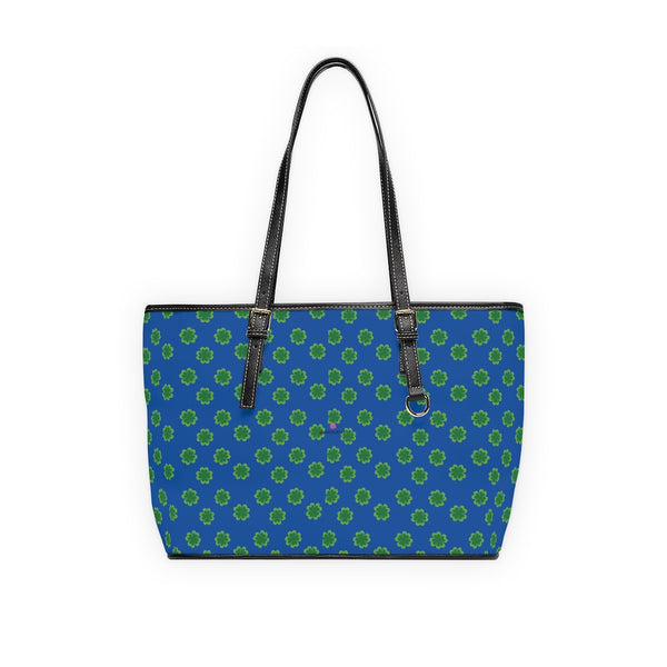 Blue Green Clovers Tote Bag, PU Leather Shoulder Hand Work Bag