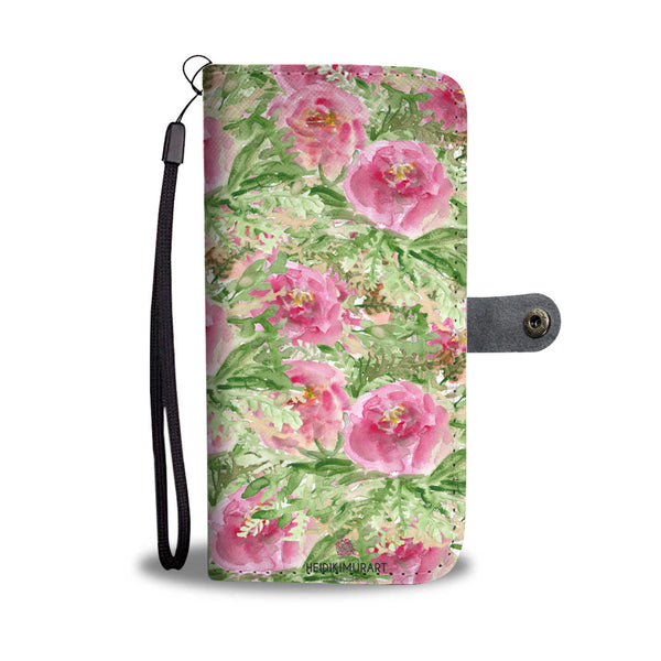 Girlie Floral Wallet Phone Case,  Pink Rose Abstract Watercolor Print Designer Wallet Case
