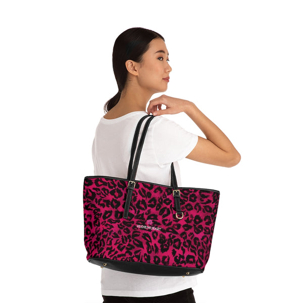Pink Leopard Print Tote Bag, Hot Pink Best Stylish Leopard Animal Printed PU Leather Shoulder Large Spacious Durable Hand Work Bag 17"x11"/ 16"x10" With Gold-Color Zippers & Buckles & Mobile Phone Slots & Inner Pockets, All Day Large Tote Luxury Best Sleek and Sophisticated Cute Work Shoulder Bag For Women With Outside And Inner Zippers
